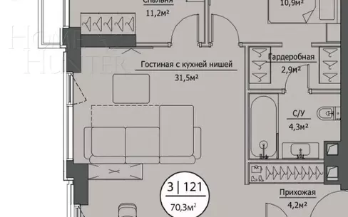 3-КОМН. КВАРТИРА С ОТДЕЛКОЙ 70.9 М² НА 17 ЭТАЖЕ